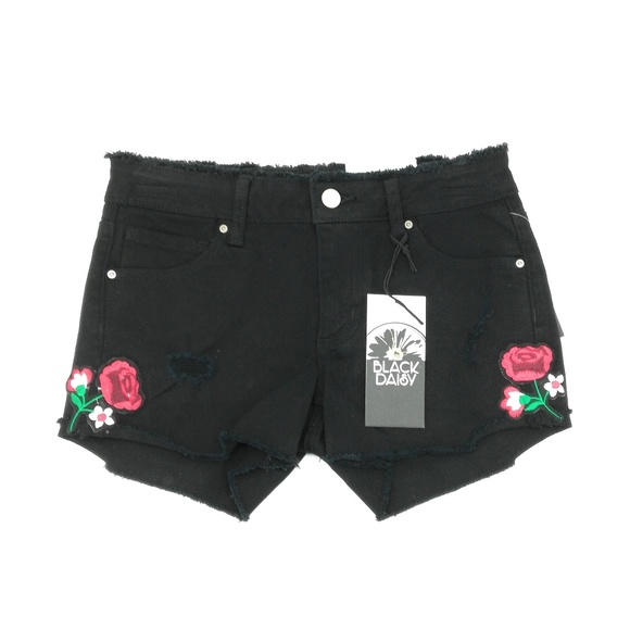 Black Daisy Pants - Black Daisy Rose Embroidered Black Denim Shorts Juniors 0/24 Distressed NWT